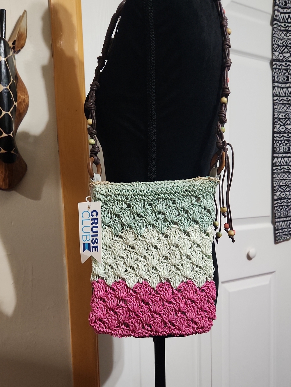 Cruise Club Handwoven Crossbody Bag in Pink & Mint